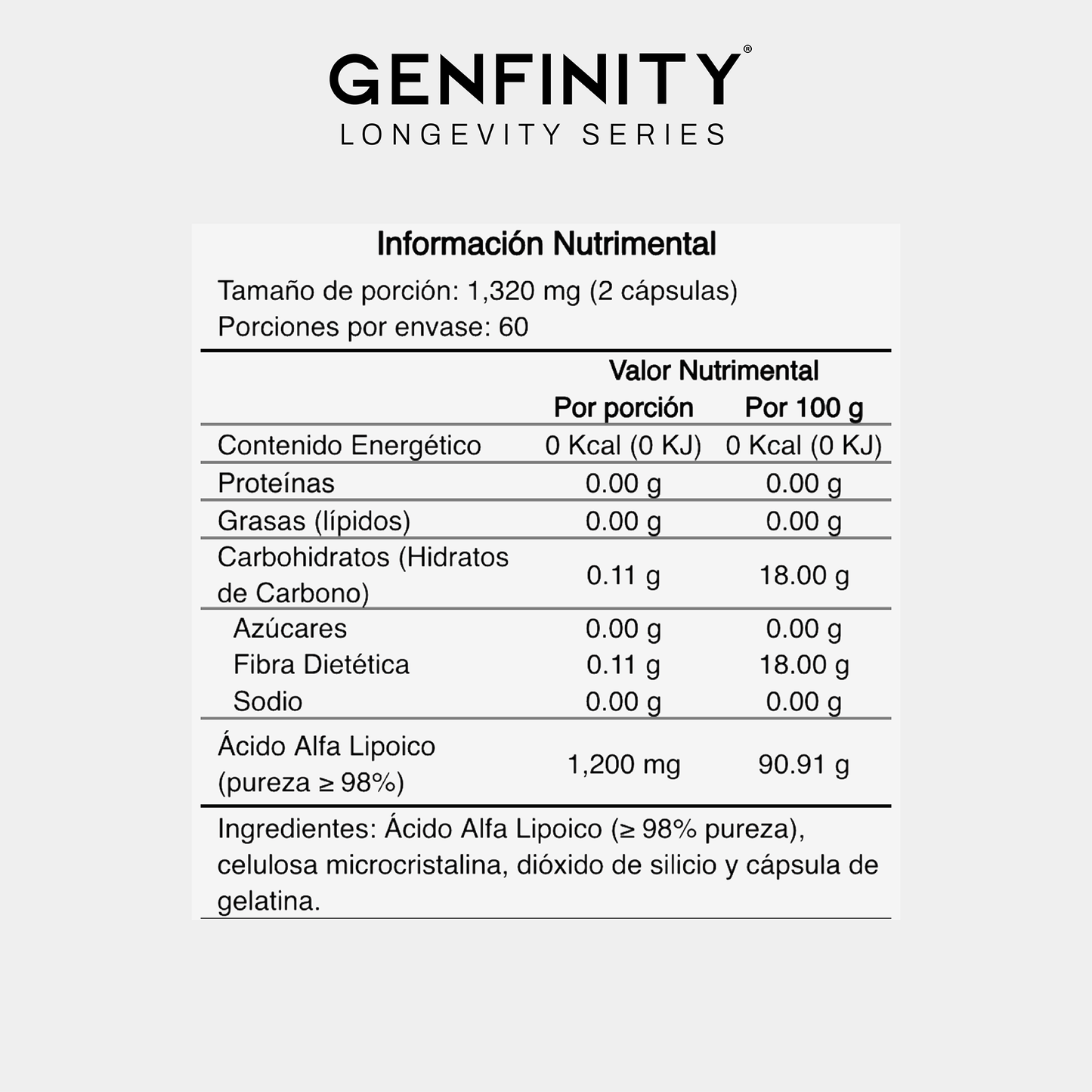 Genfinity Ácido Alfa Lipoico (ALA) 1,200 mg por Dosis, 120 Cápsulas, Pureza ≥98% Grado Clínico, Suplemento Alimenticio