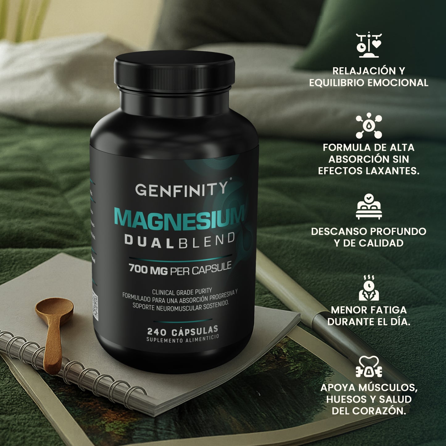 Magnesio Dual Blend 700 mg – 240 Cápsulas | Magnesio Citrato y Glicinato de Alta Absorción | Fórmula de Pureza Clínica