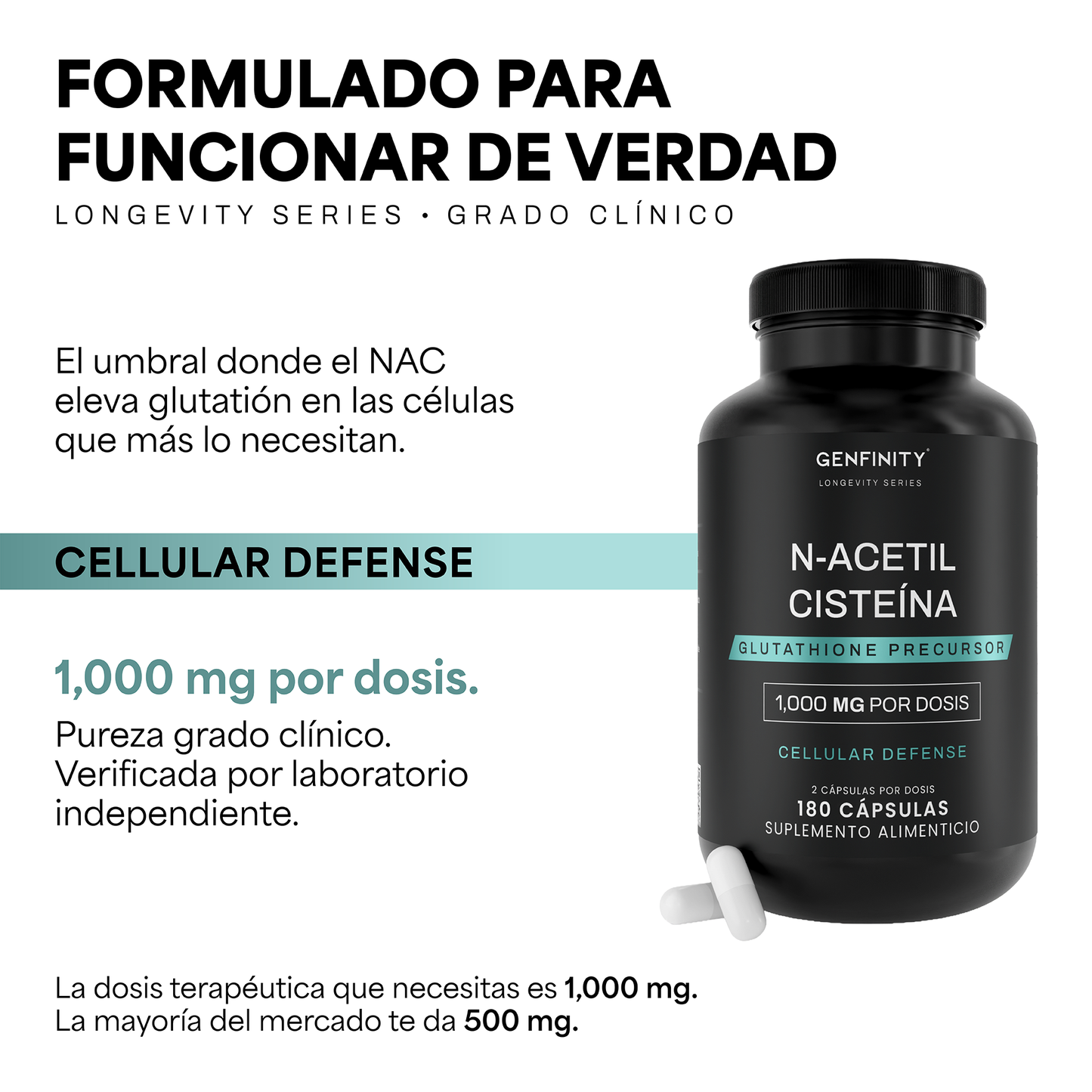 Genfinity N-Acetil Cisteína (NAC) 1,000 mg por Dosis, 180 Cápsulas, Pureza ≥98% Grado Clínico, Suplemento Alimenticio