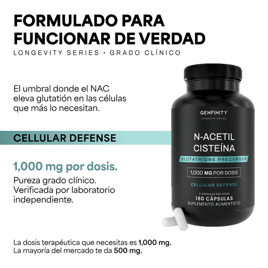 Genfinity N-Acetil Cisteína (NAC) 1,000 mg por Dosis, 180 Cápsulas, Pureza ≥98% Grado Clínico, Suplemento Alimenticio