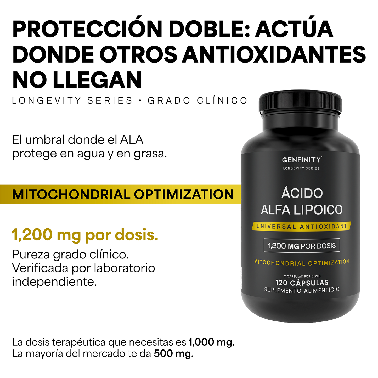 Genfinity Ácido Alfa Lipoico (ALA) 1,200 mg por Dosis, 120 Cápsulas, Pureza ≥98% Grado Clínico, Suplemento Alimenticio