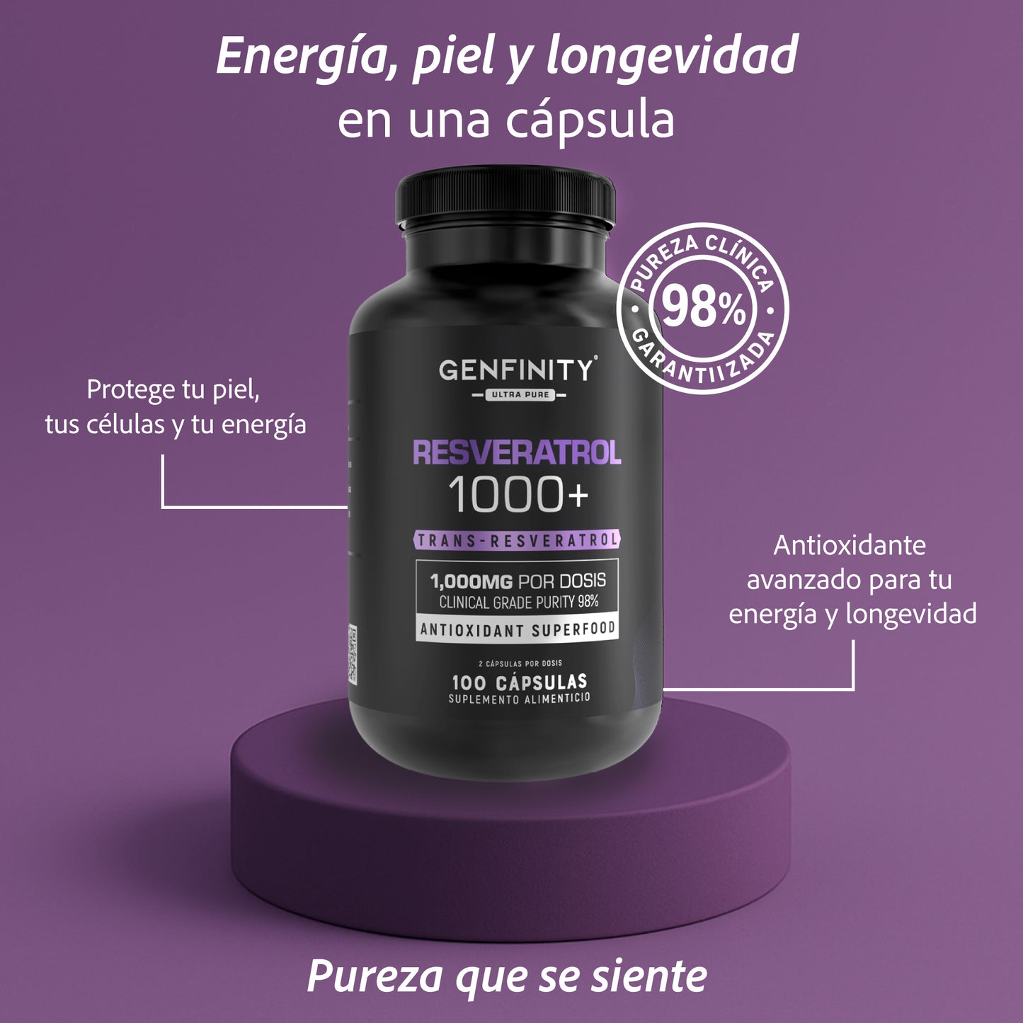 Resveratrol 98% Pureza | 1000 mg Reales por Dosis | 100 Cápsulas | Antioxidante Avanzado | Alta Potencia – Sin Rellenos ni Mezclas