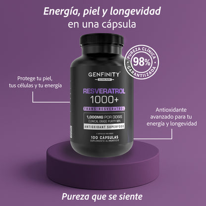 Resveratrol 98% Pureza | 1000 mg Reales por Dosis | 100 Cápsulas | Antioxidante Avanzado | Alta Potencia – Sin Rellenos ni Mezclas