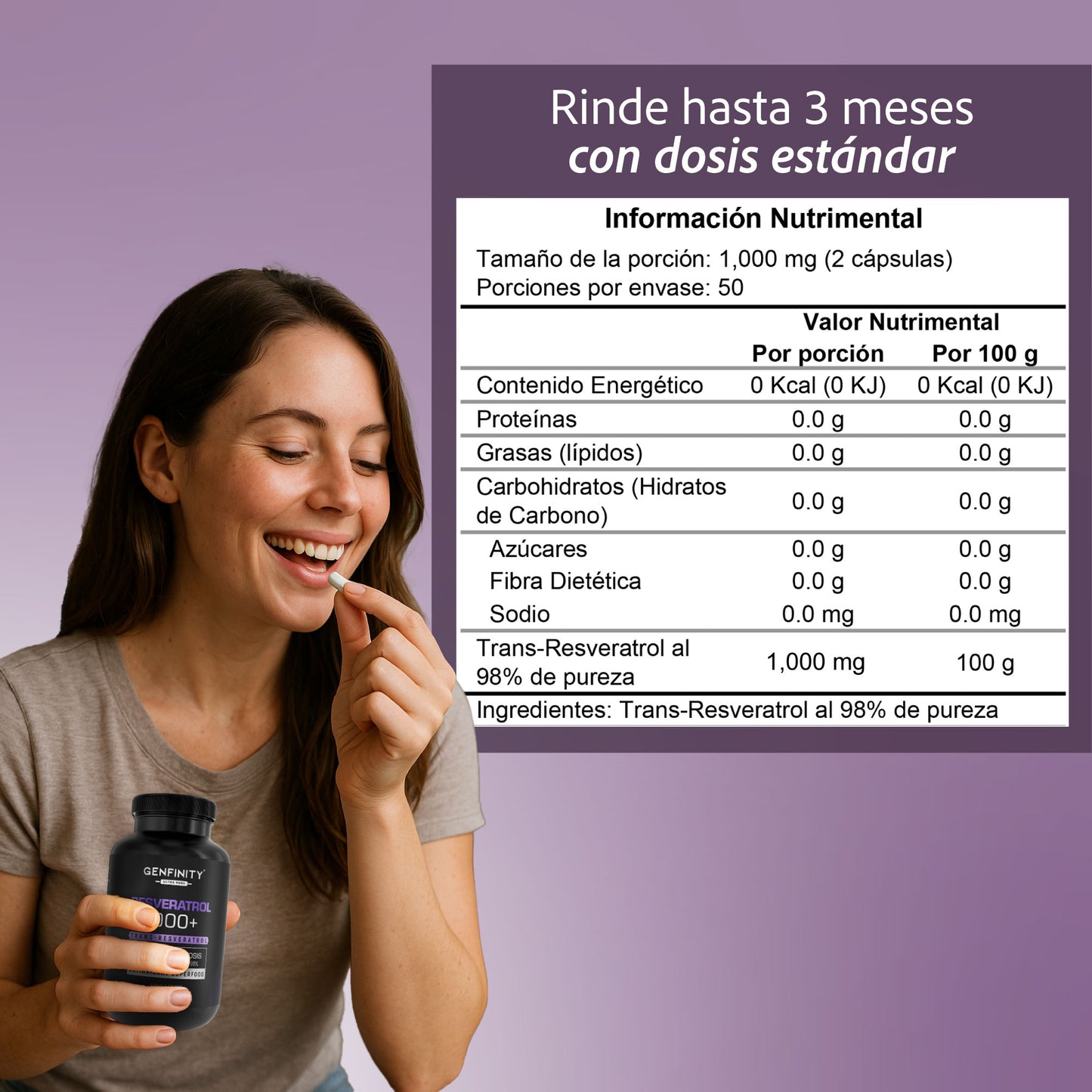 Resveratrol 98% Pureza | 1000 mg Reales por Dosis | 100 Cápsulas | Antioxidante Avanzado | Alta Potencia – Sin Rellenos ni Mezclas