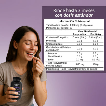 Resveratrol 98% Pureza | 1000 mg Reales por Dosis | 100 Cápsulas | Antioxidante Avanzado | Alta Potencia – Sin Rellenos ni Mezclas