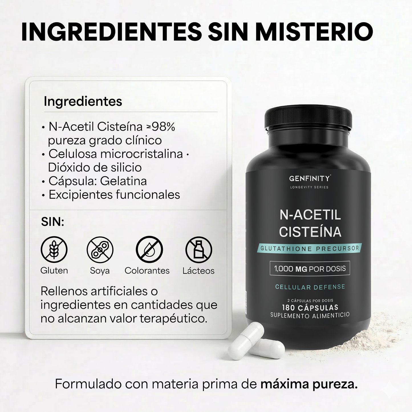 Genfinity N-Acetil Cisteína (NAC) 1,000 mg por Dosis, 180 Cápsulas, Pureza ≥98% Grado Clínico, Suplemento Alimenticio