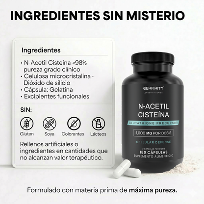 Genfinity N-Acetil Cisteína (NAC) 1,000 mg por Dosis, 180 Cápsulas, Pureza ≥98% Grado Clínico, Suplemento Alimenticio