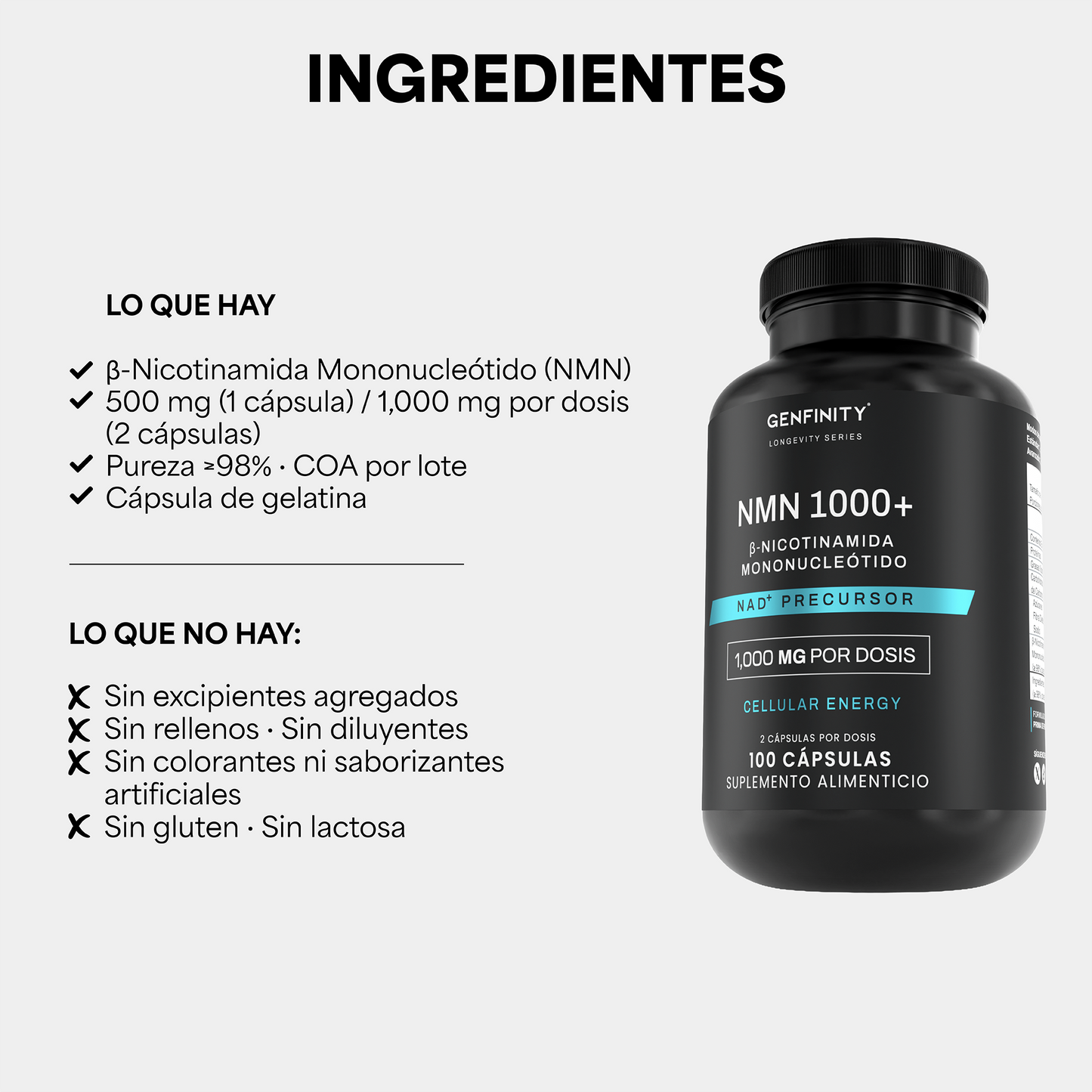 NMN Ultra Pure | 1,000 mg Reales por Dosis | 100 Cápsulas | Energía Celular y Longevidad Avanzada | Alta Absorción | Sin Rellenos ni Mezclas - Calidad Premium