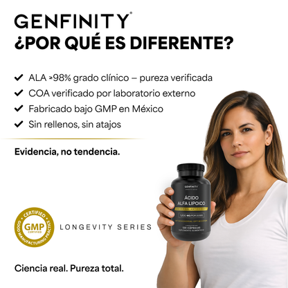 Genfinity Ácido Alfa Lipoico (ALA) 1,200 mg por Dosis, 120 Cápsulas, Pureza ≥98% Grado Clínico, Suplemento Alimenticio