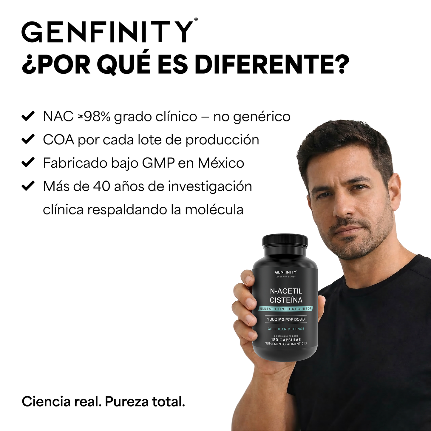 Genfinity N-Acetil Cisteína (NAC) 1,000 mg por Dosis, 180 Cápsulas, Pureza ≥98% Grado Clínico, Suplemento Alimenticio