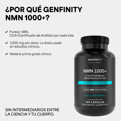NMN Ultra Pure | 1,000 mg Reales por Dosis | 100 Cápsulas | Energía Celular y Longevidad Avanzada | Alta Absorción | Sin Rellenos ni Mezclas - Calidad Premium