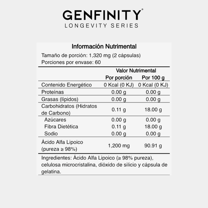 Genfinity Ácido Alfa Lipoico (ALA) 1,200 mg por Dosis, 120 Cápsulas, Pureza ≥98% Grado Clínico, Suplemento Alimenticio