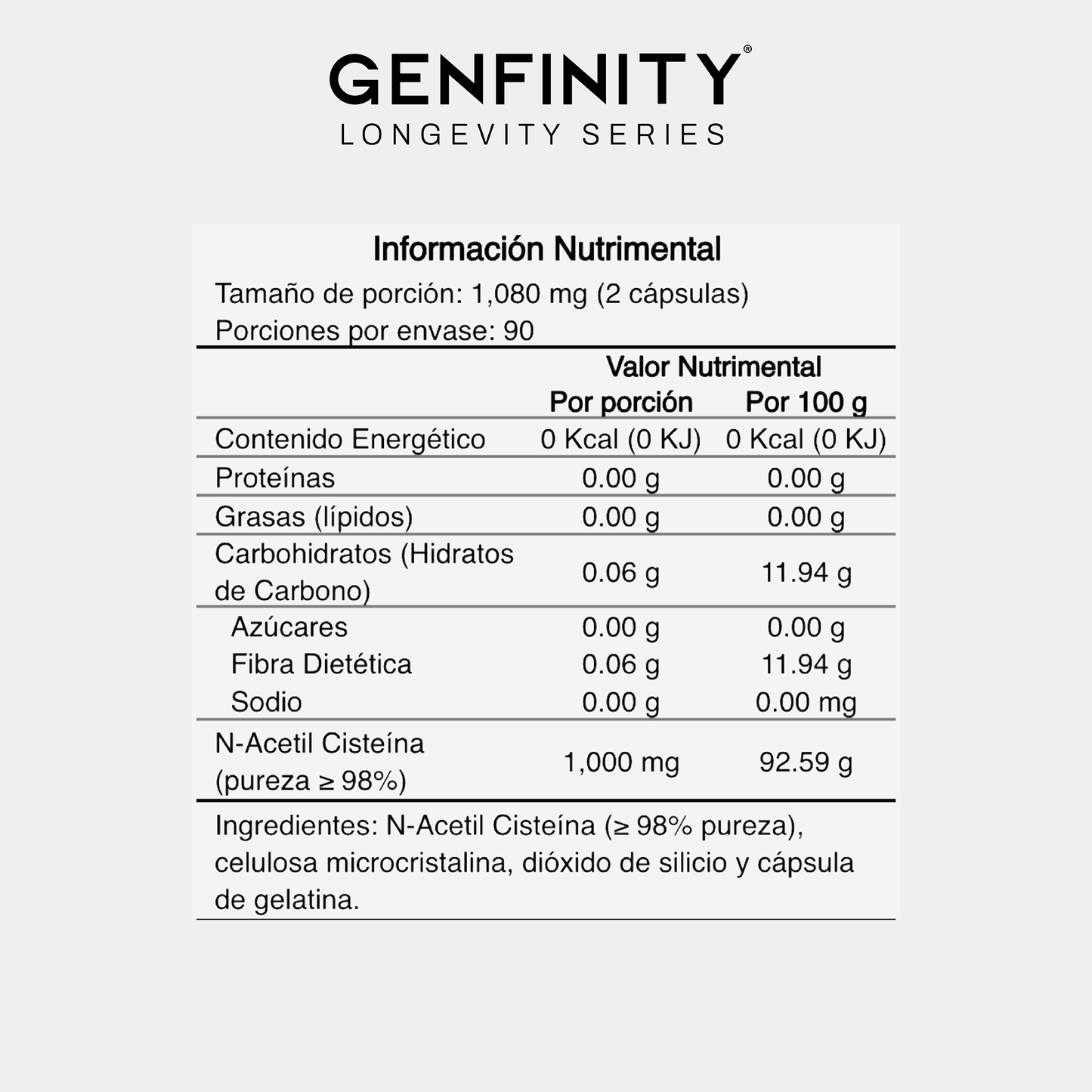 Genfinity N-Acetil Cisteína (NAC) 1,000 mg por Dosis, 180 Cápsulas, Pureza ≥98% Grado Clínico, Suplemento Alimenticio