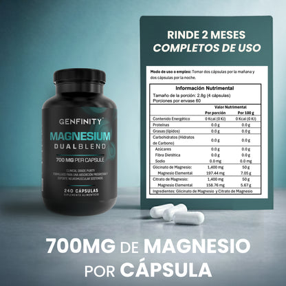 Magnesio Dual Blend 700 mg – 240 Cápsulas | Magnesio Citrato y Glicinato de Alta Absorción | Fórmula de Pureza Clínica